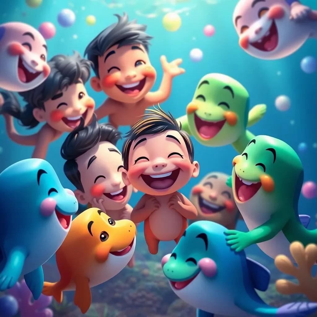 A group of friends around Chiqui, celebrating his small size with smiles and laughter, vibrant colors, joyful underwater party atmosphere, heartwarming scene