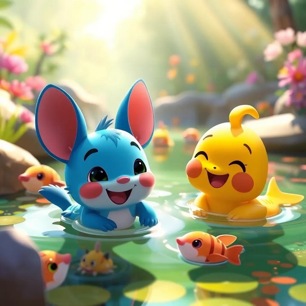 Chiqui happily swimming in the pond with friends, enjoying their time together, colorful environment, soft sunlight shining down, joyful and serene atmosphere