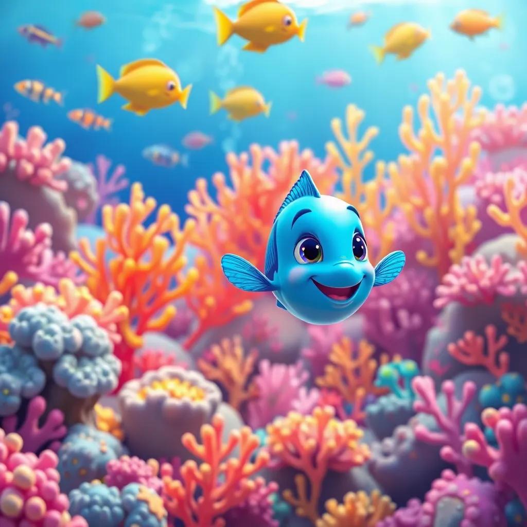 A small blue fish swimming in a vibrant ocean filled with colorful coral and other fish, illustration, cheerful, bright colors, joyful scene, child-friendly, high quality