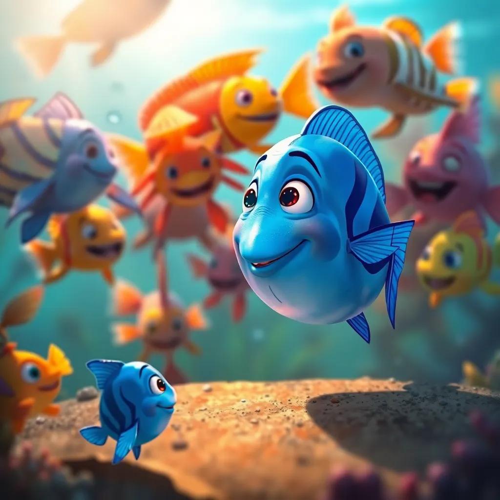 The small blue fish watching a group of colorful fish playing and laughing together, feeling a mix of excitement and fear, detailed illustration, warm light, animated atmosphere, child-friendly