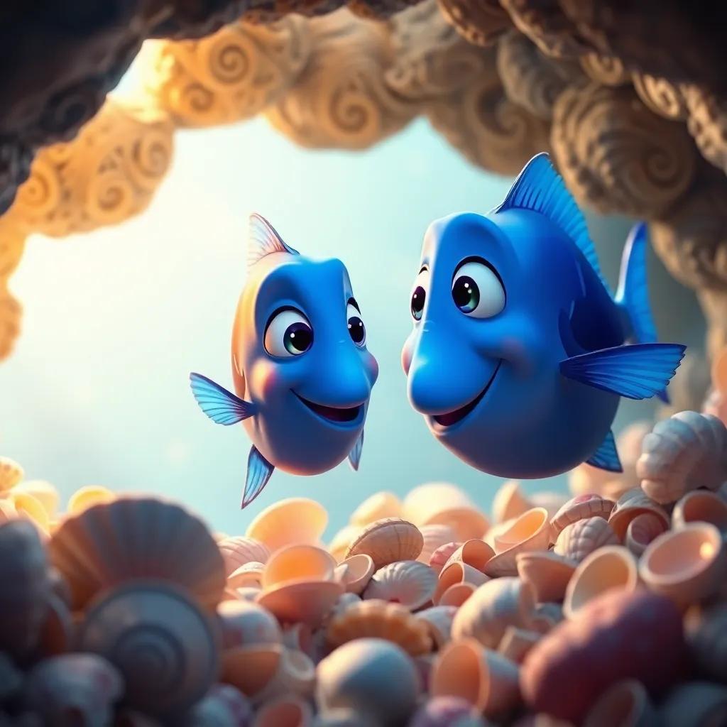 The small blue fish talking to its caring mother, who has a gentle face, in a cozy underwater cave filled with pretty shells, bright colors, warm and safe light, high quality