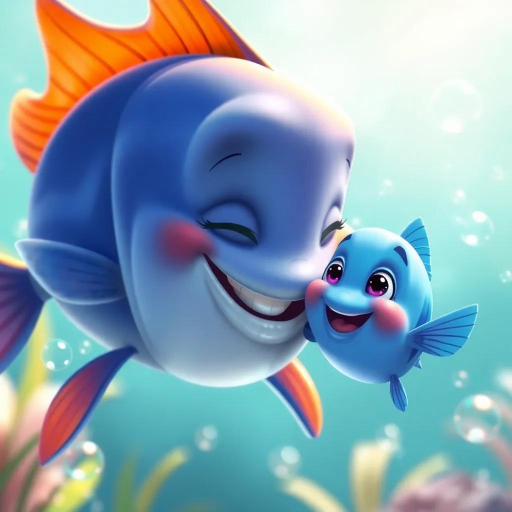 The mother fish encouraging the small blue fish with a loving smile and a hug, surrounded by bubbles, bright environment, uplifting scene, child-friendly, high quality