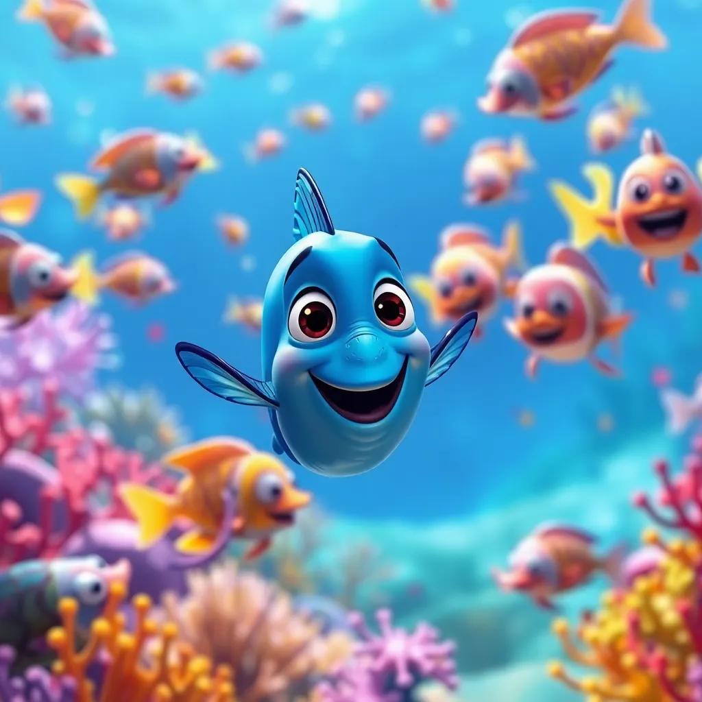 The small blue fish gathering courage, swimming towards a group of happy fish, colorful underwater scenery, excited atmosphere, bright colors, joyful scene, high quality