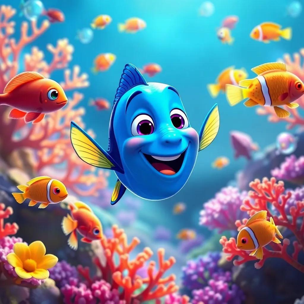 A joyful scene of the small blue fish happily playing with new friends, surrounded by colorful fish and bright coral, vivid colors, happy atmosphere, detailed illustration