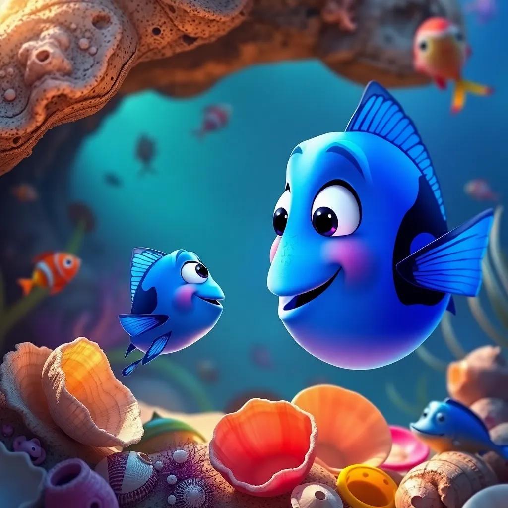 The small blue fish telling its mother about its adventures with new friends, with seashells and colorful fish around them, warm light, heartwarming atmosphere, high quality