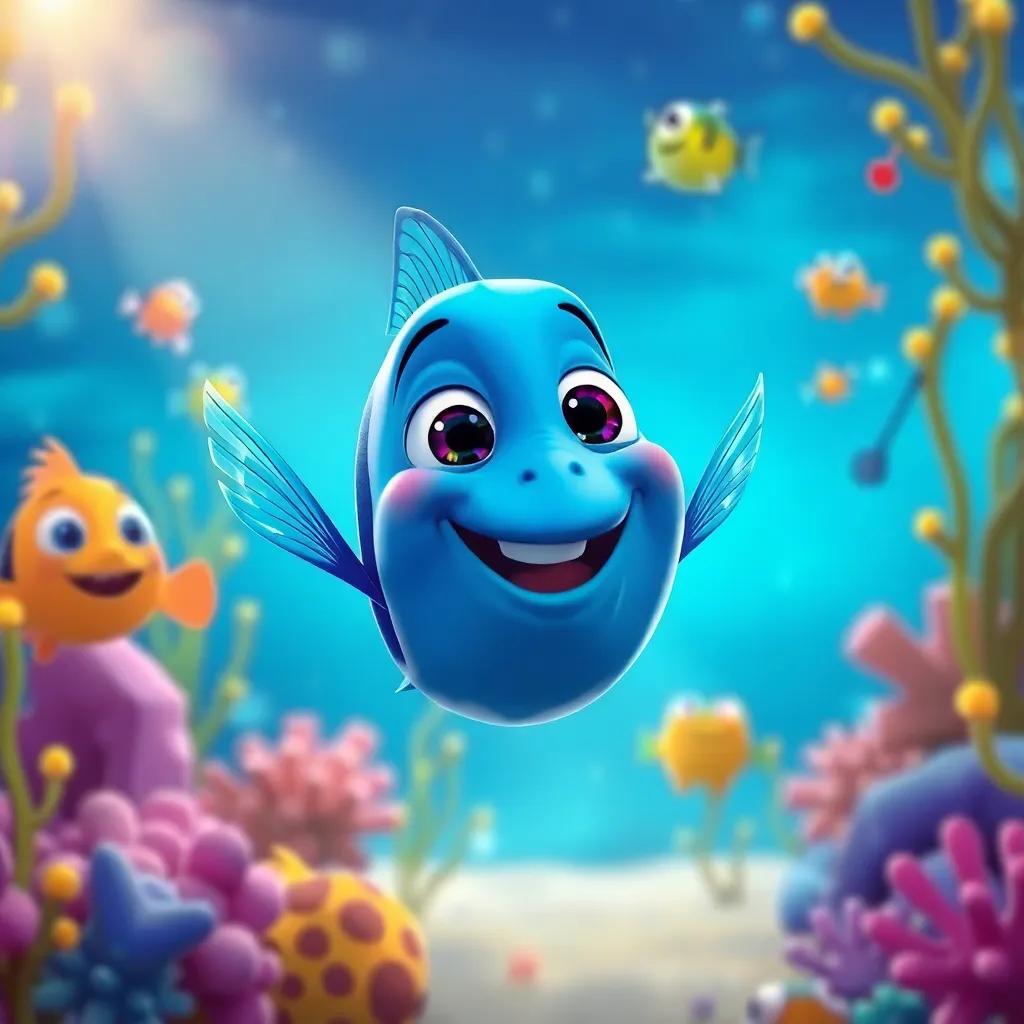 The small blue fish celebrating with its friends as the day ends, in a colorful underwater scene, bright and cheerful, joyful expressions, high quality