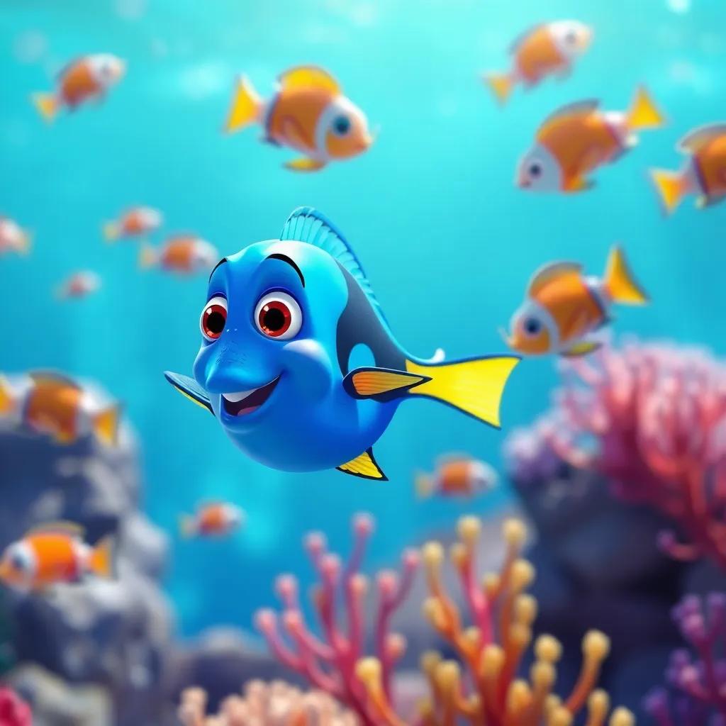 The small blue fish confidently swimming with its friends in the beautiful ocean, bright colors, vibrant scenery, happy conclusion, high quality