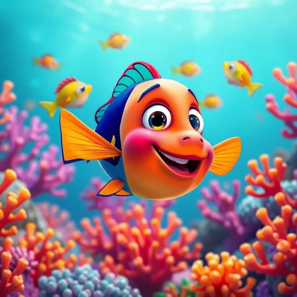 A colorful fish named Pablo, swimming among bright corals under the sea, with vibrant colors, playful fish around, candid scene, children's illustration, vivid colors, cheerful atmosphere