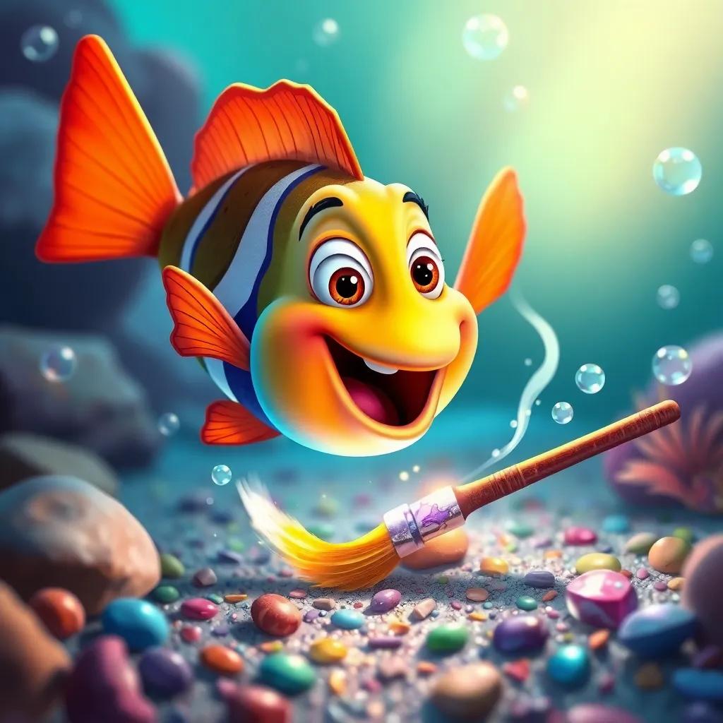 Pablo, the fish, discovering a magical paintbrush at the seabed, with bubbles and colorful pebbles, excited expression, fantasy scene, bright underwater colors, child-friendly