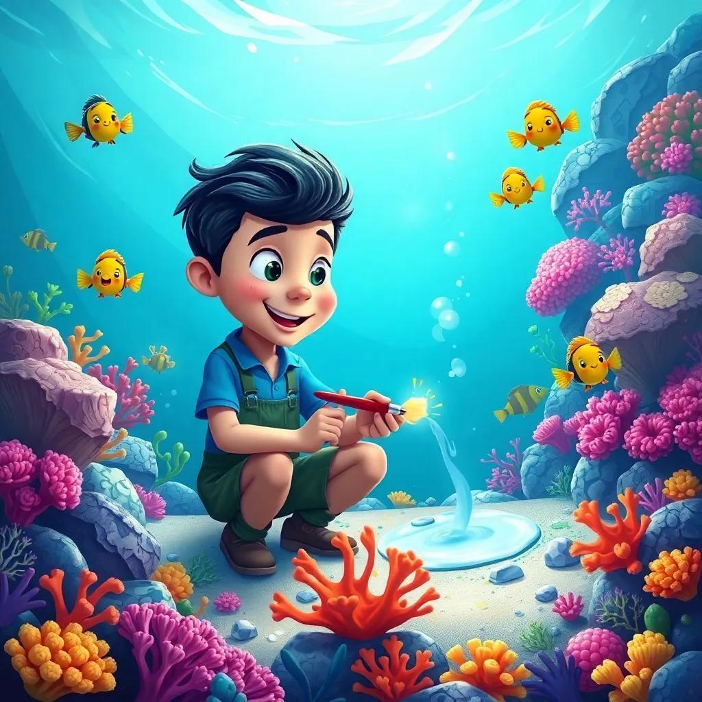 Pablo painting the seabed, with waves of blue and green, using the magical brush, surrounded by colorful corals and cheerful fish, creative and colorful underwater art, illustration