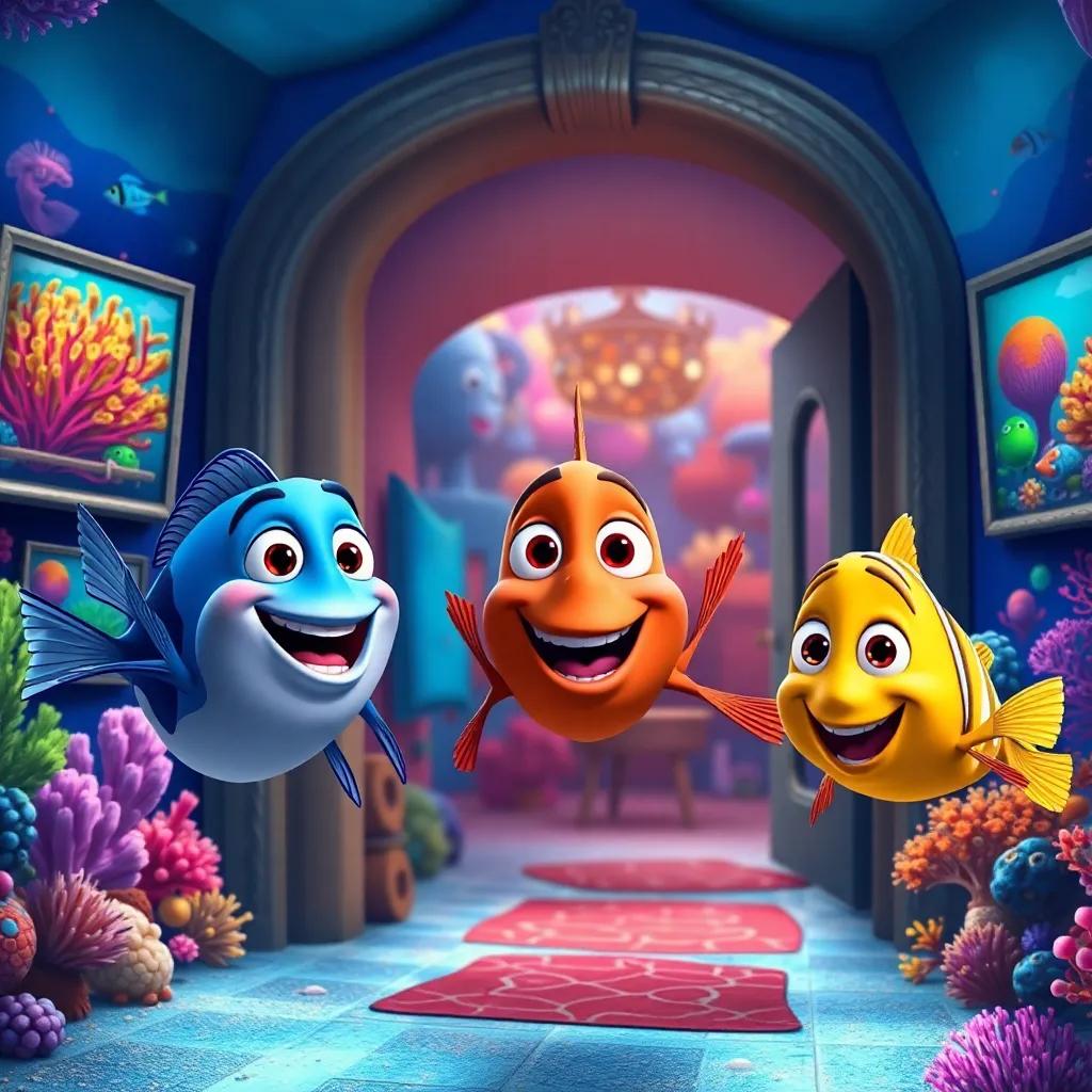 Excited fish friends swimming into Pablo’s home, wide smiles, bright underwater gallery filled with colorful paintings of corals and fish, joyous scene, high quality