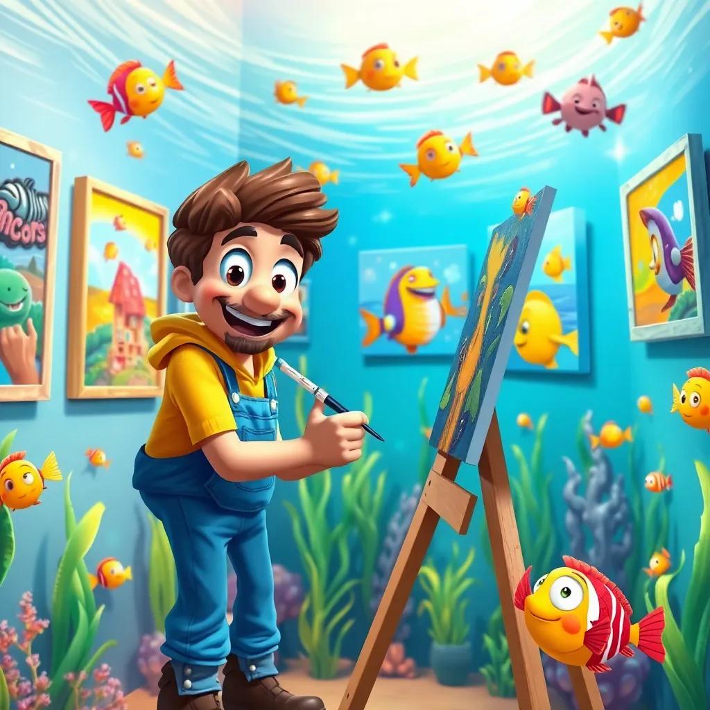 Pablo happily painting the gallery, new colorful masterpieces on the walls, joyful fish around him, bright underwater setting, creative atmosphere, children's artwork