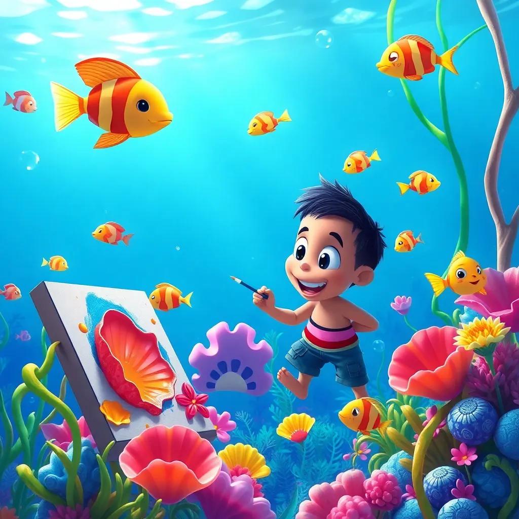 A vibrant underwater world with Pablo painting colorful shells and seaweed, friendly fish swimming around, joyful and lively energy, artistic vision, child-friendly