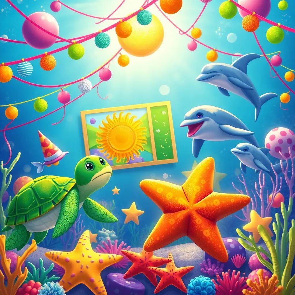 A big celebration with turtles, starfish, and dolphins watching Pablo’s art, colorful decorations and music in the underwater world, festive vibe, child-friendly illustration
