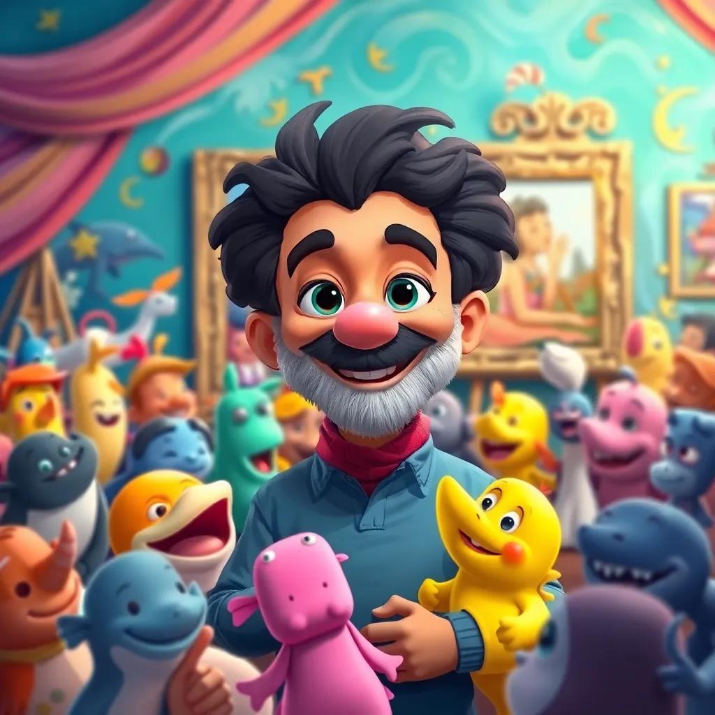 Pablo at his grand art exhibition, surrounded by a cheerful crowd of sea animals, colorful backdrop with his best painting showcased, cheerful atmosphere, vibrant colors, children's illustration