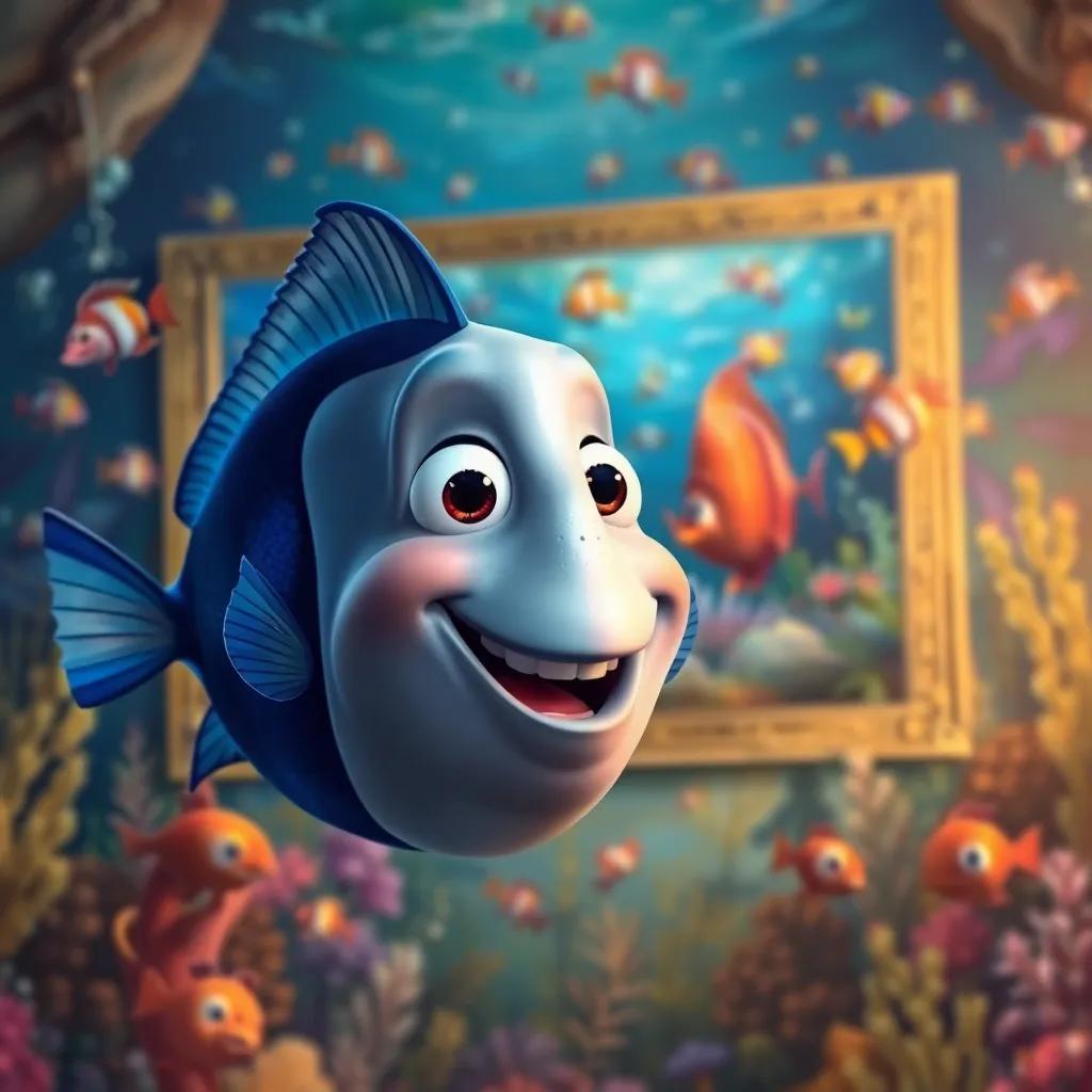 Pablo, the joyful fish, in front of a beautiful painting, underwater world filled with colors and happy fish, showcasing the beauty of his art, magical setting, high quality