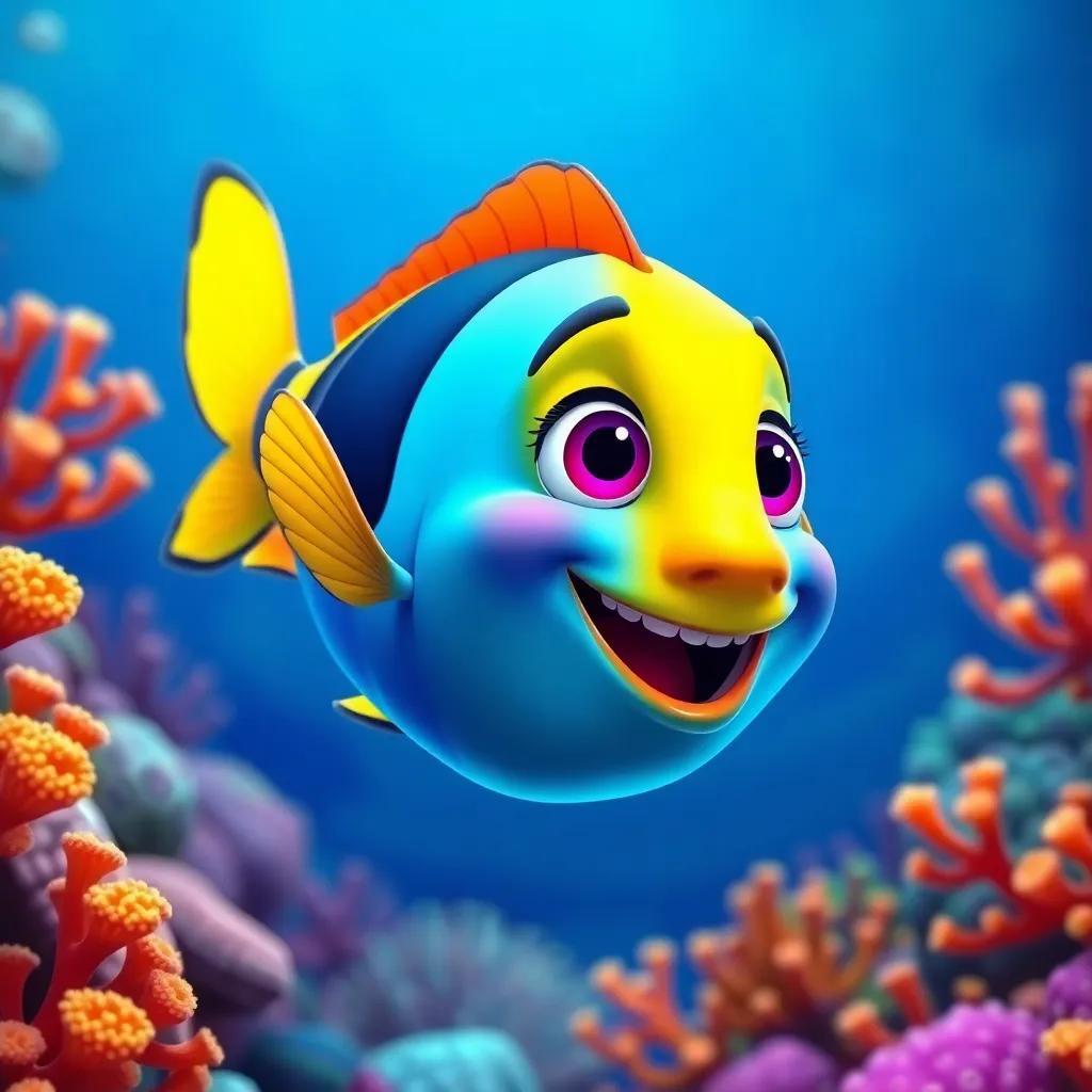A colorful fish named Pablo, swimming joyfully in the ocean, surrounded by vibrant corals, cheerful expression, colorful underwater scene, digital art, bright colors, playful atmosphere, high quality