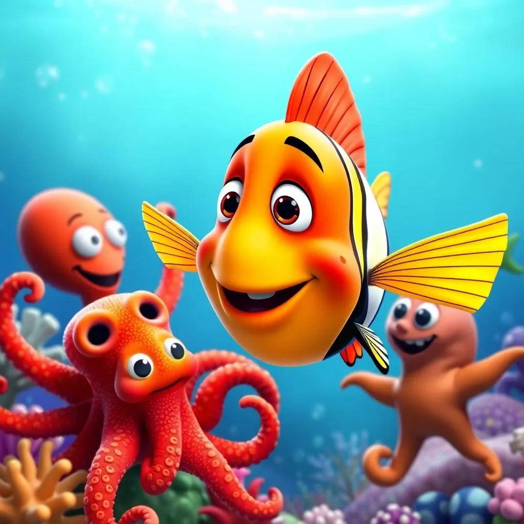 Pablo the colorful fish asking his friends for help, surrounded by a cheerful octopus, a starfish and a pufferfish, colorful underwater scene, joyful expressions, friendly interaction, digital art, bright colors, engaging quality