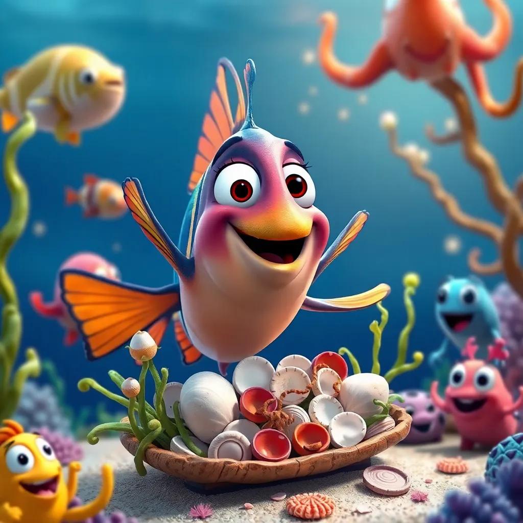 Pablo the fish excitedly presenting his art on a display made of shells and seaweed, with amazed ocean creatures around him, vibrant colors, happy expressions, festive underwater scene, digital art, bright colors, high quality