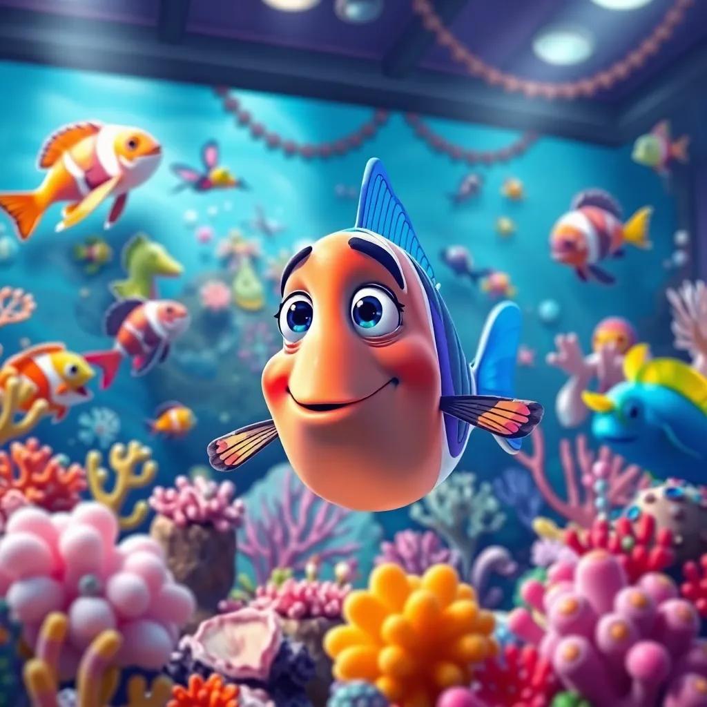 Pablo the fish feeling nervous but happy during his art exhibition, surrounded by colorful sea creatures applauding, beautifully decorated underwater scene with corals and shells, digital art, bright colors, cheerful atmosphere, high quality
