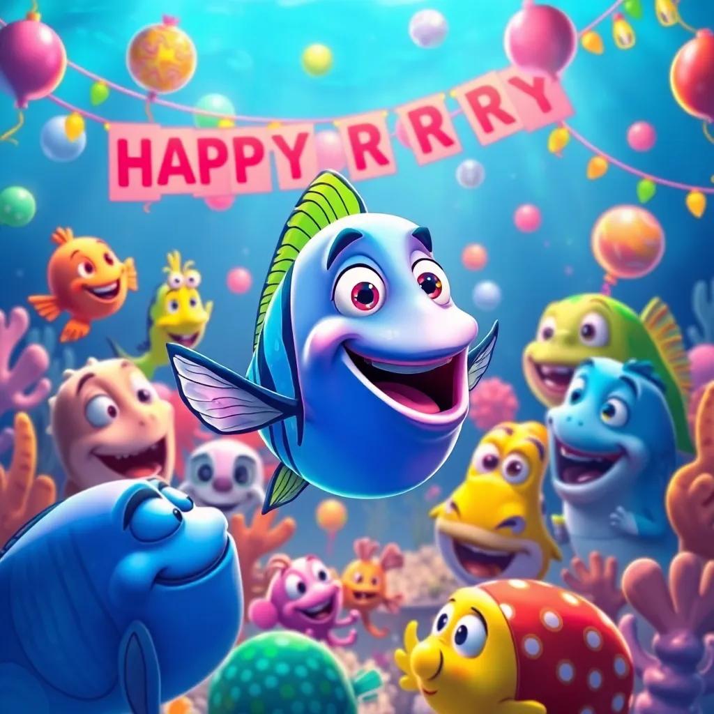 Pablo the fish surrounded by friends celebrating his success, joyful gathering of colorful sea creatures, underwater party with decorations, vibrant colors, happy expressions, digital illustration, inviting atmosphere, high quality