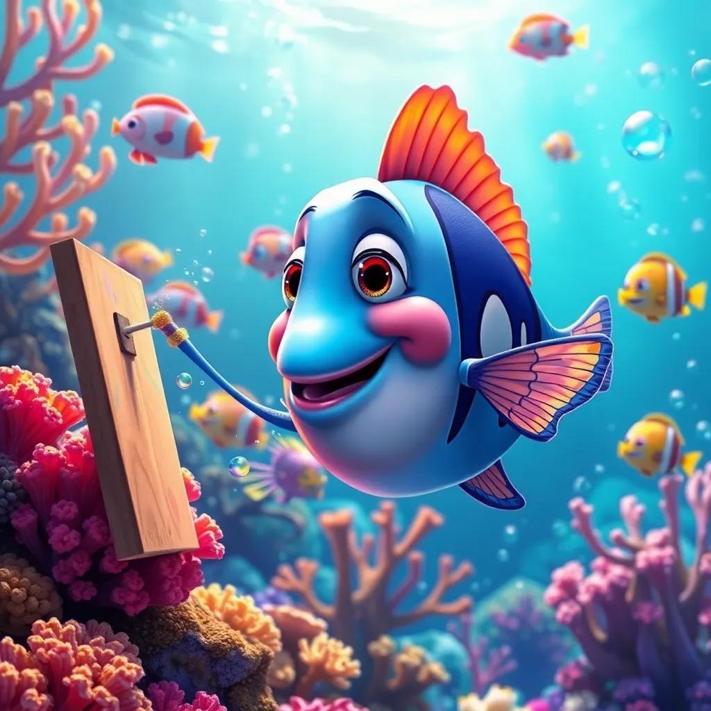 Pablo the fish painting more art happily in the ocean, surrounded by other fish watching and learning, colorful underwater scene filled with corals and bubbly water, digital art, bright colors, inspirational atmosphere, high quality