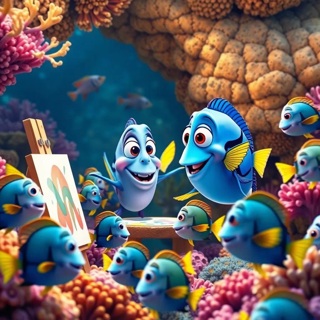 Pablo the fish leading a group of fish in art classes, teaching painting techniques surrounded by coral, all fishes focused and happy, vibrant underwater atmosphere, digital art, bright colors, engaging quality, high quality