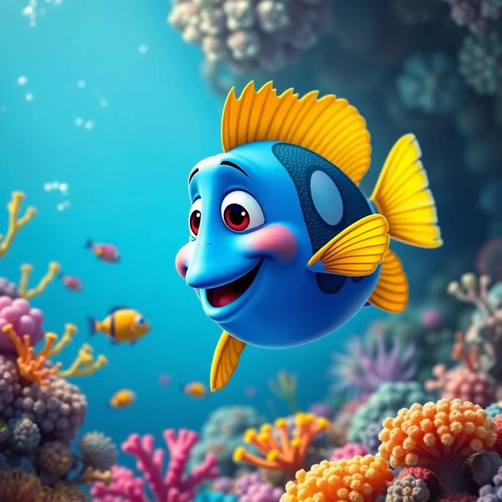 Pablo the fish exploring new ideas for his art, discovering new colors and textures in the ocean, surrounded by beautiful corals and friendly sea creatures, vibrant underwater scene, joyful expression, digital art, bright colors, high quality