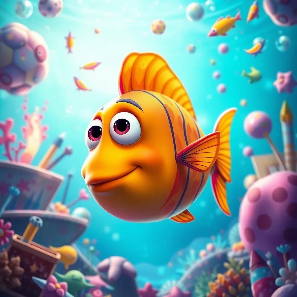 Pablo the fish dreaming of becoming a great artist with colorful visions around him, surrounded by creative materials and ocean wonders, uplifting atmosphere, bright colors, imaginative art style, high quality