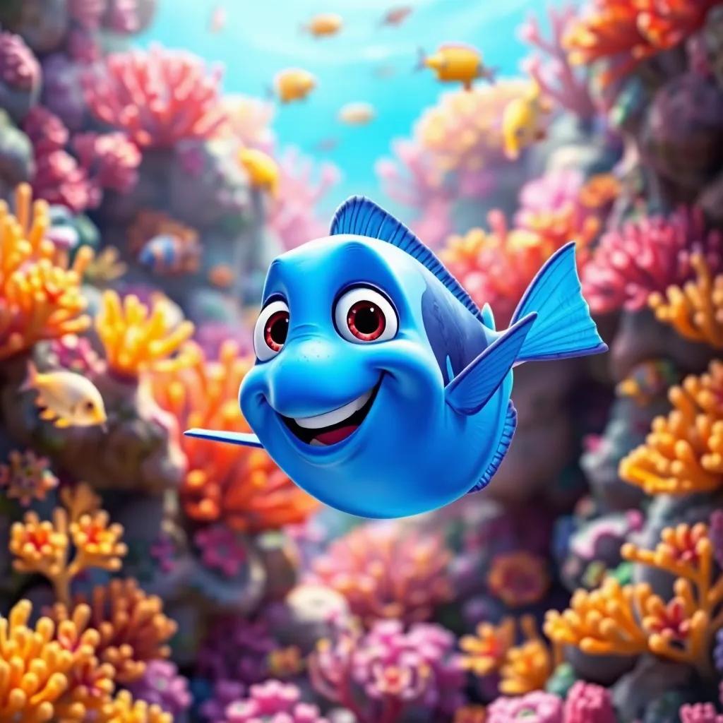 A bright blue fish named Pipo swimming happily in a colorful coral reef full of vibrant corals and fishes, digital art, bright colors, joyful atmosphere, high quality