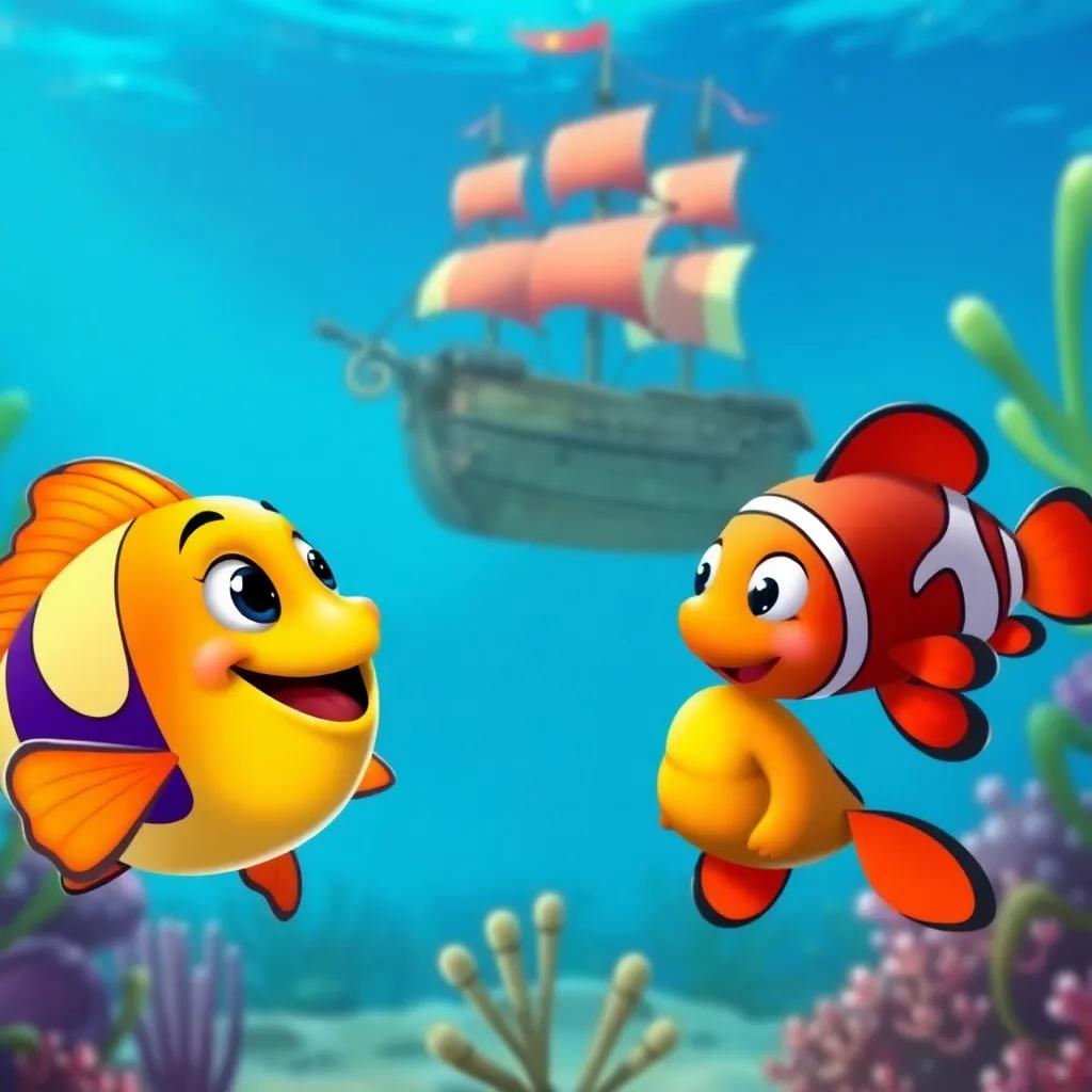 Pipo the fish excitedly talking to his friends, Tula the turtle and Coco the clownfish, in front of a pirate ship visible above the water, vibrant underwater scene, cheerful colors, child-friendly illustration