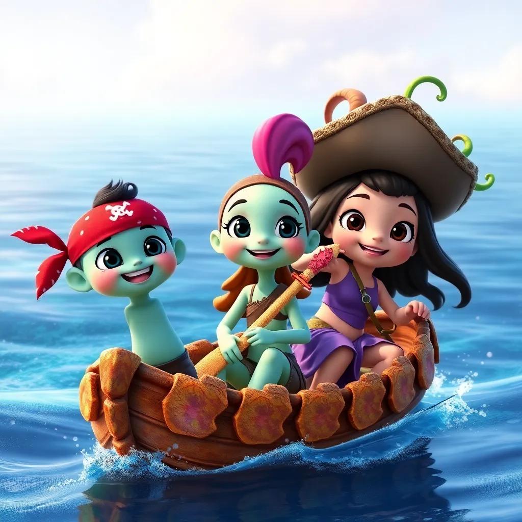 Pipo wearing a pirate bandana, Tula with a coral sword, and Coco with a seaweed pirate hat, in their makeshift algae and shell boat, ready to sail across the ocean, colorful marine journey, adventurous theme