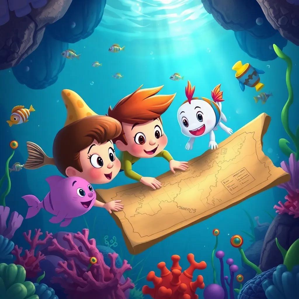 Pipo and his friends discovering an old treasure map while swimming through mysterious waters, surrounded by curious fish and sea plants, vibrant colors, treasure hunt excitement, engaging and fun art