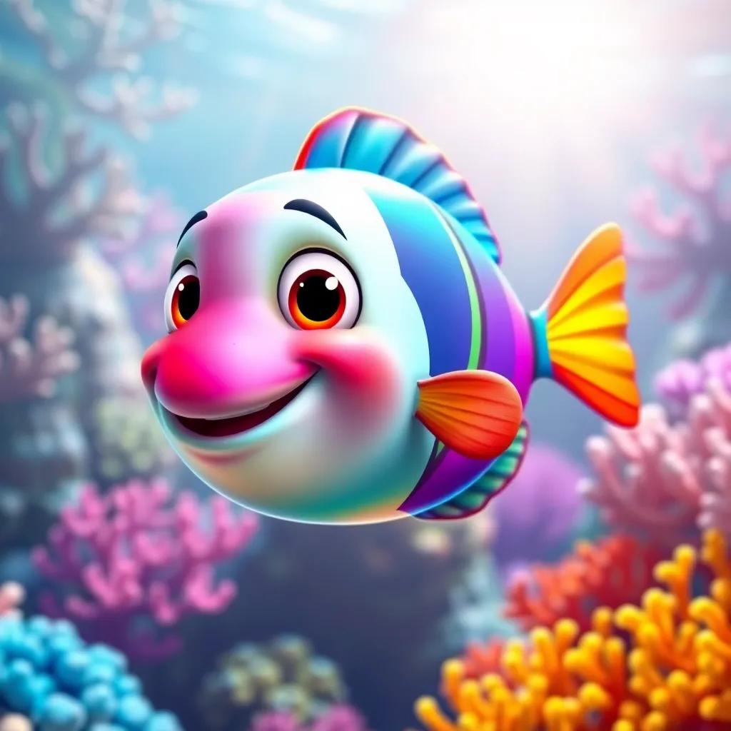 A little colorful fish, Pablo, with rainbow scales and a big smile, swimming joyfully in a bright ocean filled with vibrant corals and sunshine, digital art, cheerful atmosphere, lively colors, high quality
