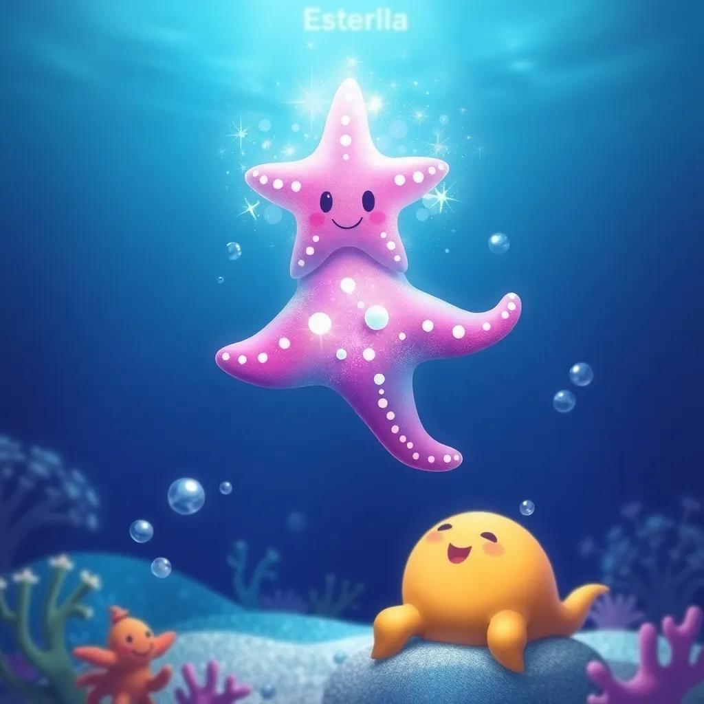 A sparkling magical starfish named Estrella, glowing above Pablo, with shimmering shades of blue and purple, surrounded by bubbles and curious sea creatures, illustration, whimsical, friendly light, vibrant ocean background