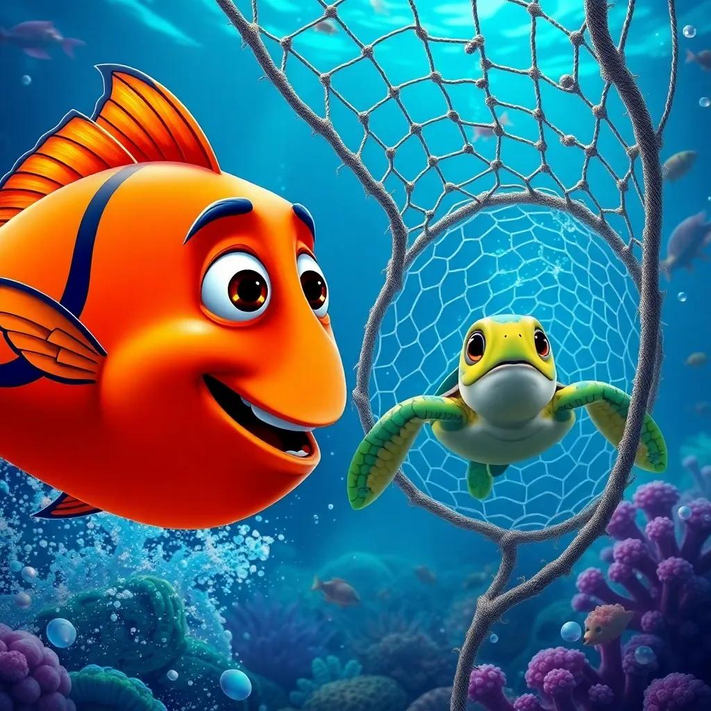 Pablo the fish, looking determined, swimming rapidly towards a net, with a worried turtle named Tula caught inside, the ocean filled with colorful sea life, detailed scene, action-packed, bright colors, heartwarming