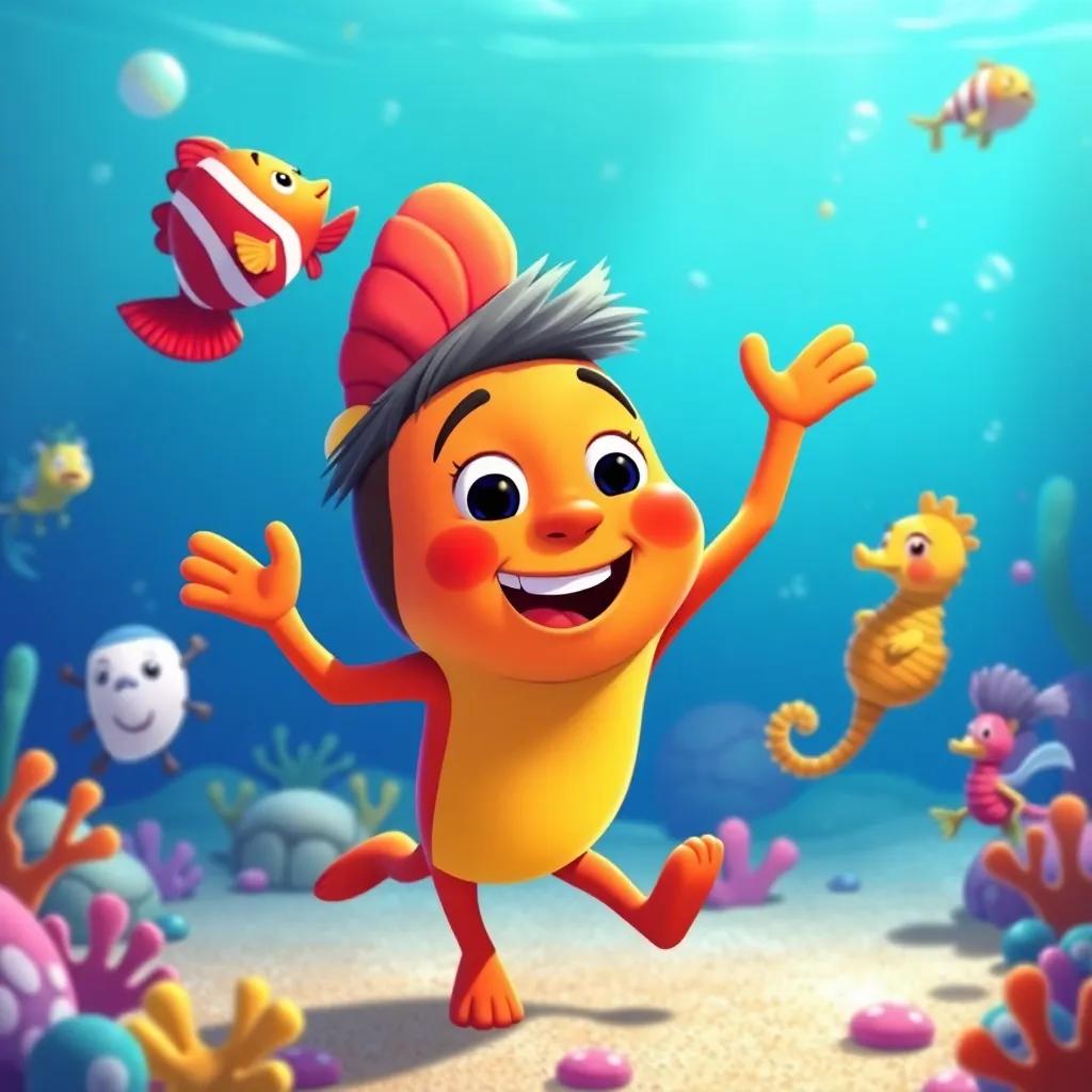 Pablo, now surrounded by happy sea friends like a pufferfish and a seahorse, all celebrating with joyful dances and songs in a colorful underwater setting, illustration, joyful atmosphere, energetic colors, uplifting