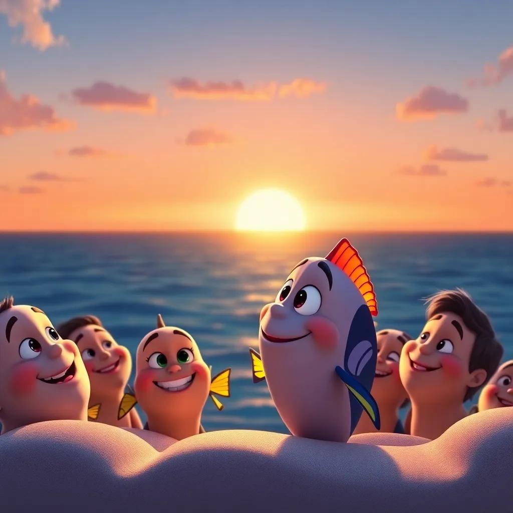 Pablo the fish, gazing at a beautiful sunset over the ocean, with a sense of fulfillment, surrounded by friends, all smiling and appreciating their friendship, heartwarming, warm light, tranquil scene, high quality