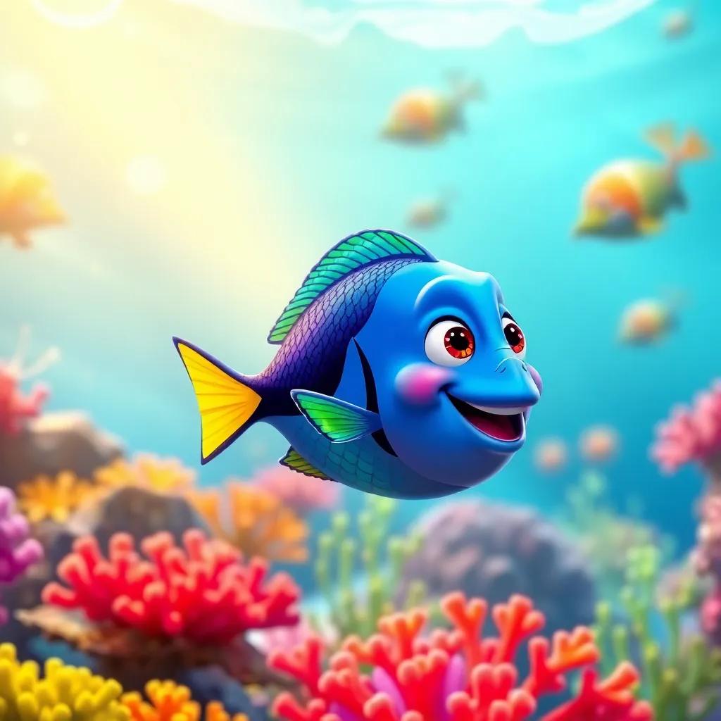 A vibrant ocean scene with a little fish named Pablo, swimming happily, with bright blue and green scales, surrounded by colorful coral reefs, digital art, warm colors, cheerful atmosphere, high quality