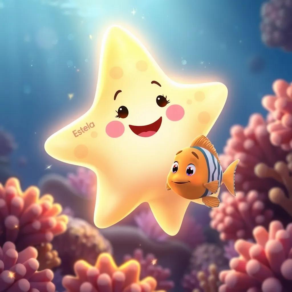 A glowing starfish named Estela, with a friendly smile, floating beside Pablo the little fish in a bright coral reef, sparkling light around them, illustration, magical and whimsical, child-friendly