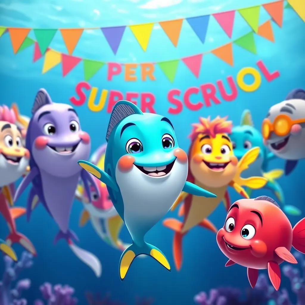 A school of fish, including Pablo, at a marine superhero school, learning bravery and kindness, under the sea with colorful banners, joyful expressions, digital drawing, vibrant colors, energetic