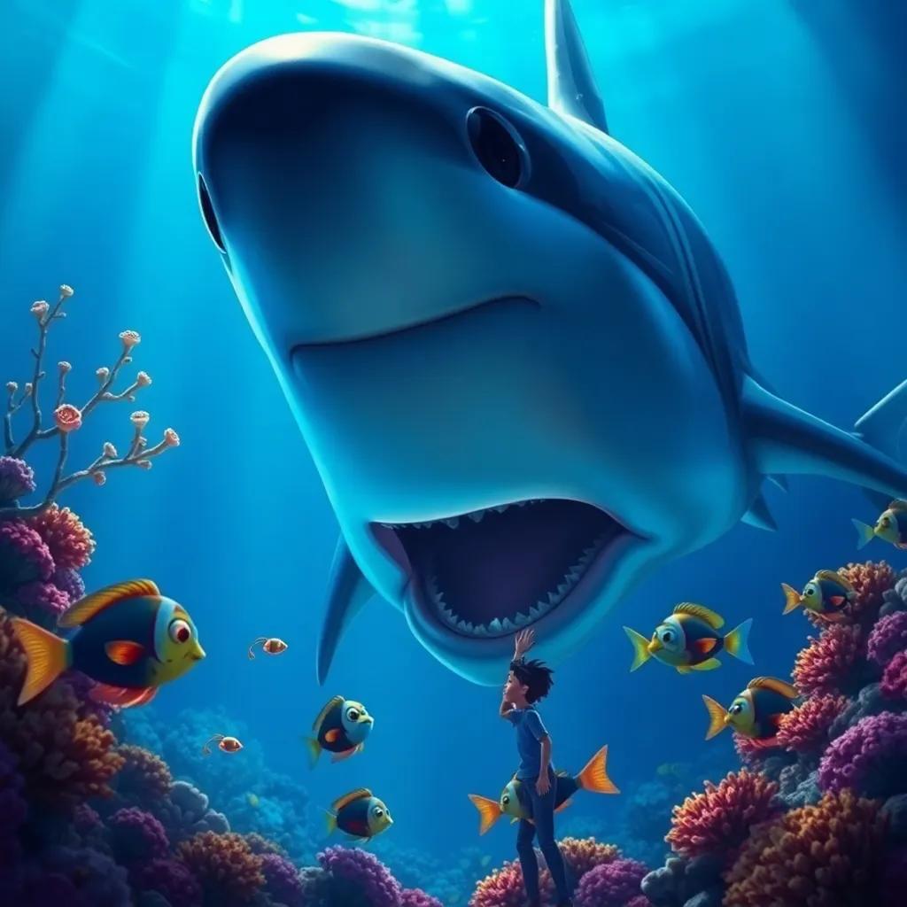 A big shark looming in the coral reef, with Pablo bravely speaking to it, surrounded by worried fish, emphasizing courage, underwater scene, dramatic lighting, colorful, storytelling moment
