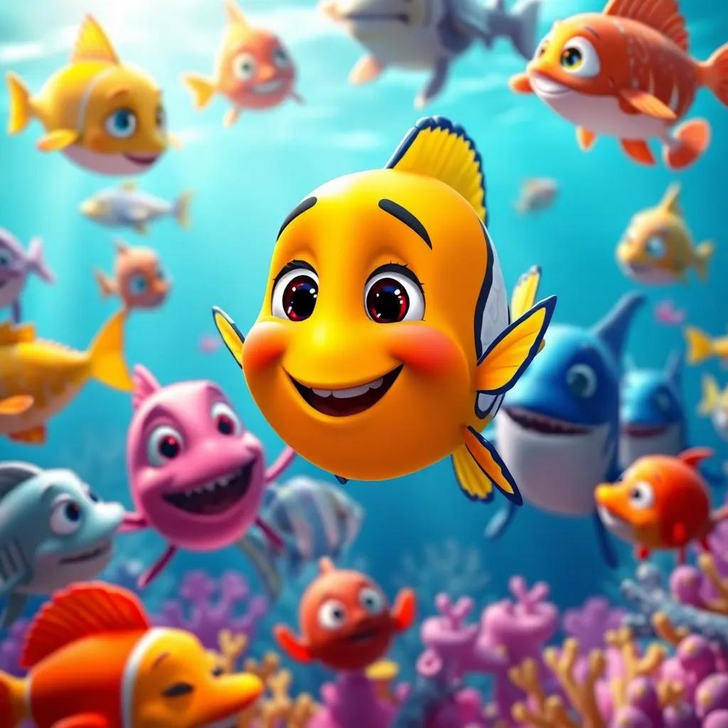 Pablo the little fish, celebrated by other fish and sea creatures after talking to the shark, smiling and surrounded by friends in a colorful ocean, heartwarming scene, bright colors, uplifting atmosphere