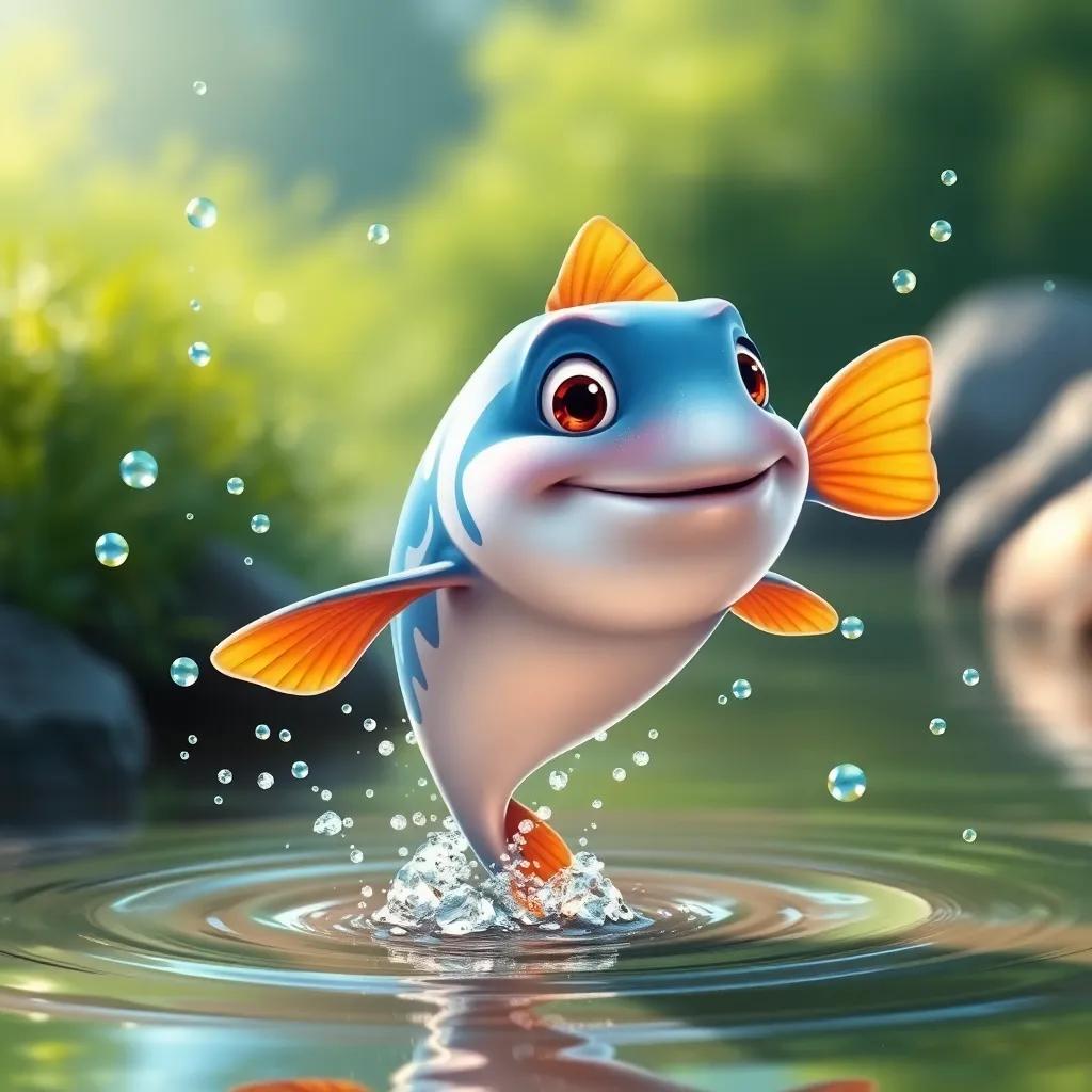 A curious fish named Pablo jumping out of a river, with sparkling water droplets around him, digital art, bright and cheerful colors, dynamic perspective, high quality
