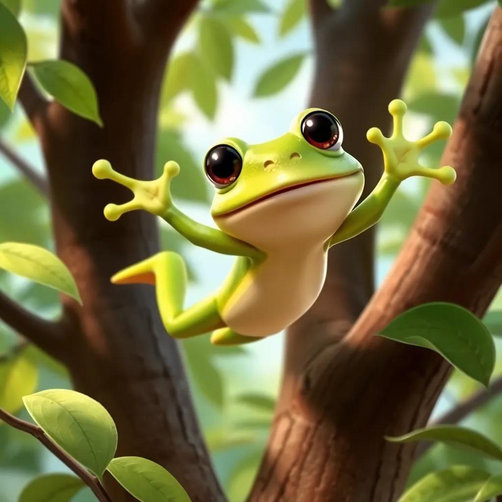 Rita the frog, a green frog with big eyes, jumping towards Pablo in the tree, surrounded by leaves, cheerful, adventure-themed, vivid colors, high quality