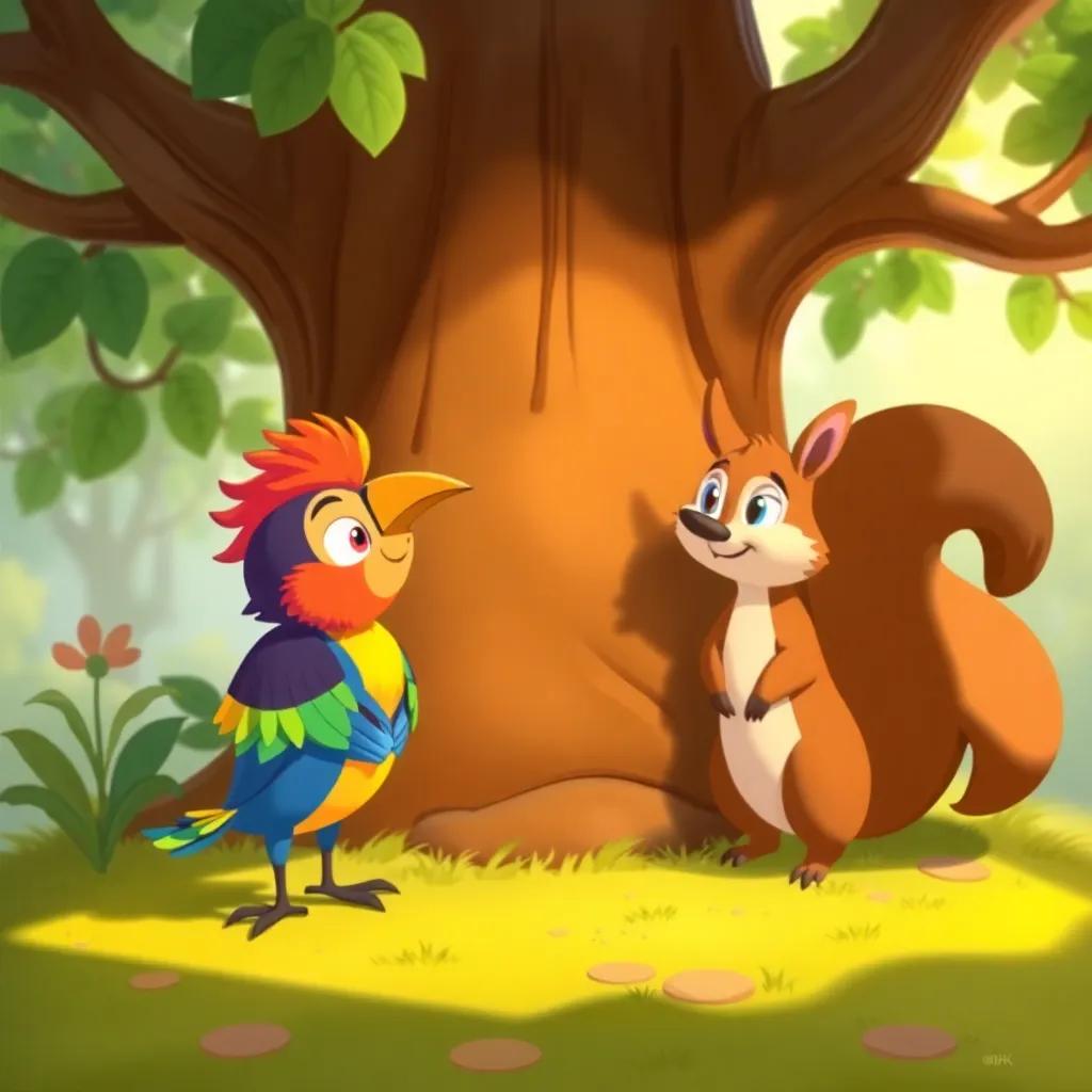 The friends of Pablo gathering around the tree, Pedro the bird with colorful feathers and Sofía the squirrel with a bushy tail, brainstorming, illustration, child-friendly, warm light, high quality