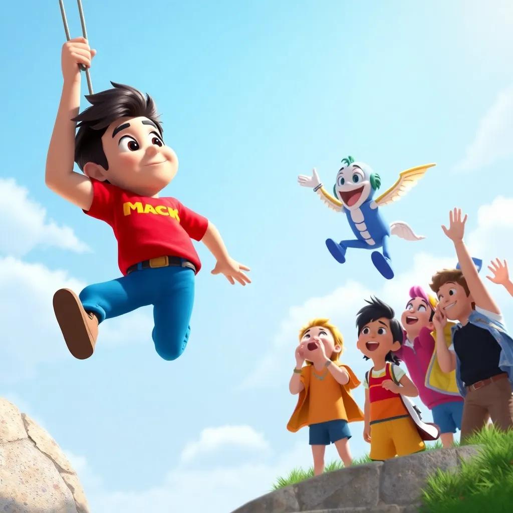 Pablo getting ready to jump, looking determined, with his friends cheering below him, Pedro pushing him with wings, vibrant, uplifting scene, bright colors, high quality