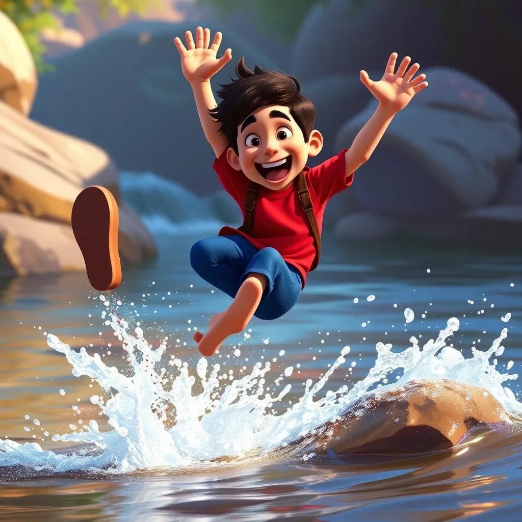 Pablo leaping through the air, splashing water around him as he falls into the river, joyful expression, digital painting, exciting moment, rich and bright colors, high quality