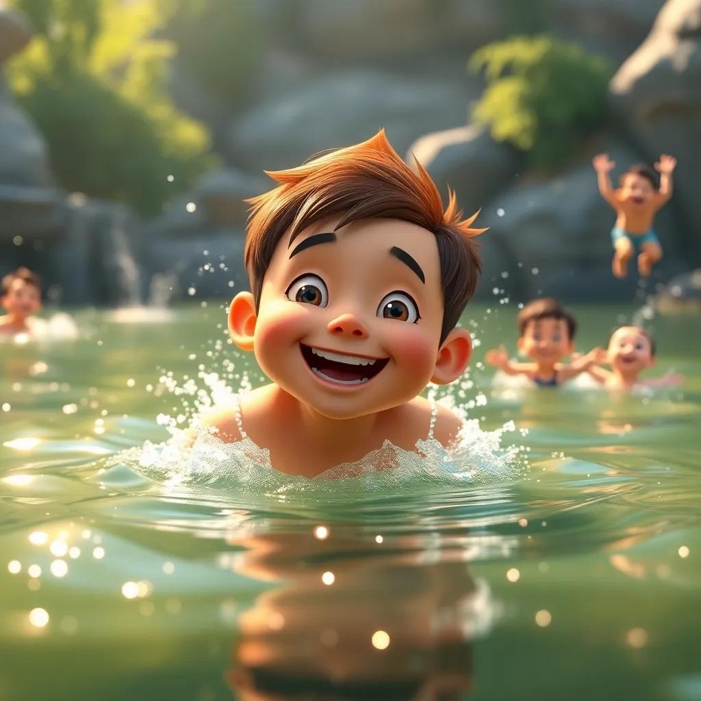Pablo swimming happily in the river, water sparkling around him, friends swimming and jumping, joyful atmosphere, bright and vivid colors, high quality