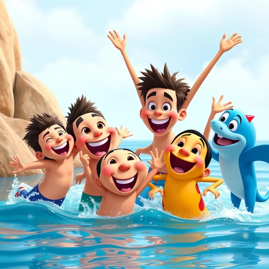 Group celebration of Pablo and his friends, all smiling and jumping together in the water, colorful and cheerful scene, heartwarming feel, high quality